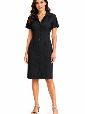 Emily Daniels Black Button-Up Collared Short Sleeve Mini Dress Womens Size M